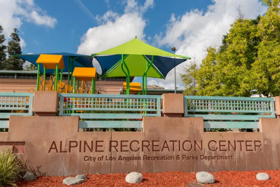 Alpine Recreation Center sign in park in Chinatown, Los Angeles, CA.